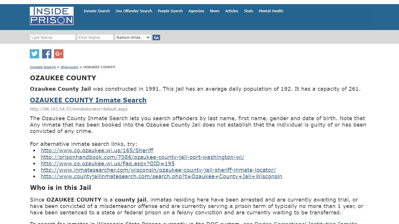 OZAUKEE COUNTY - Wisconsin - Inmate Search
